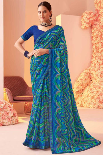 Royal Blue Printed Georgette Casual Wear Saree