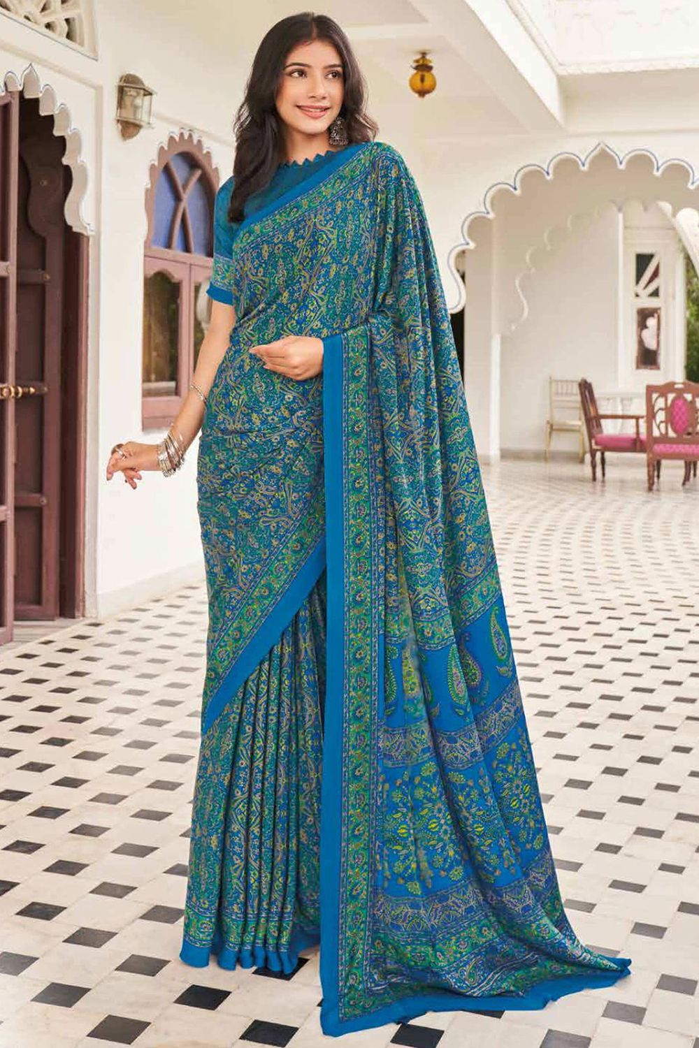 Royal Blue Crepe Casual Wear Saree