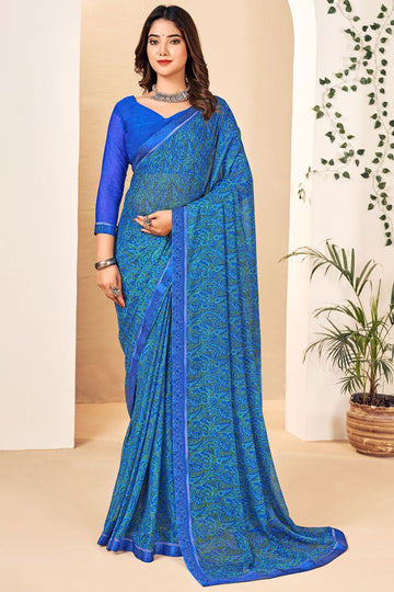 Royal Blue Printed Chiffon Casual Wear Saree