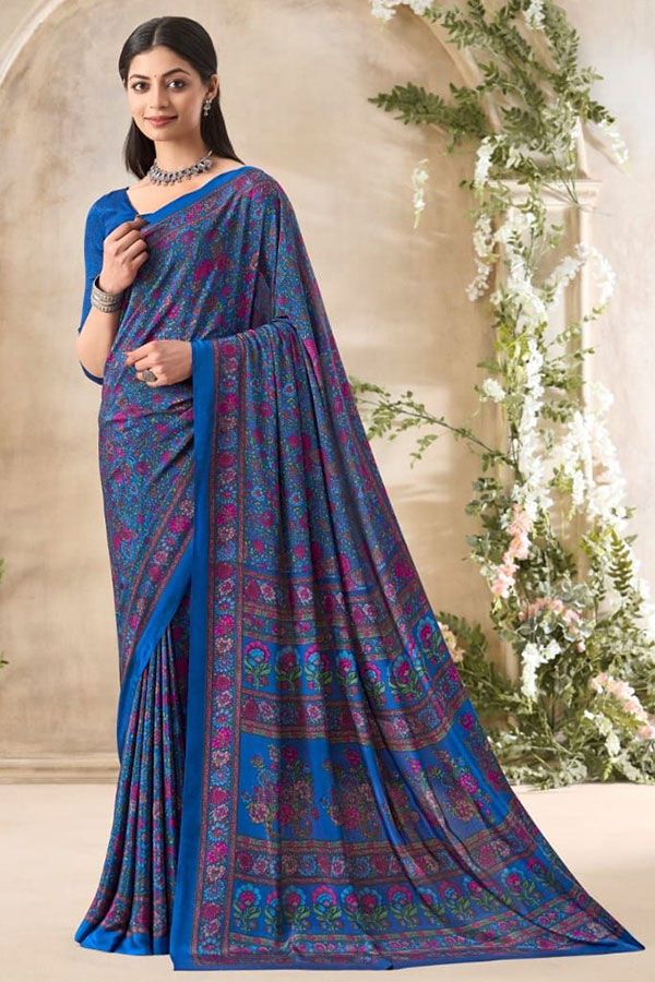 Royal Blue Printed Silk Crepe Saree for Party