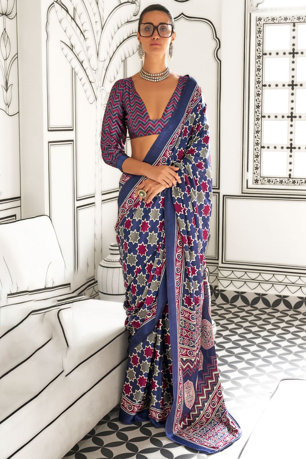 Royal Blue Satin Crepe Digital Printed Casual Wear Saree