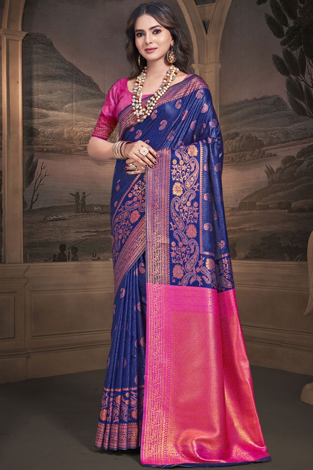 Royal Blue Silk Woven Work Saree