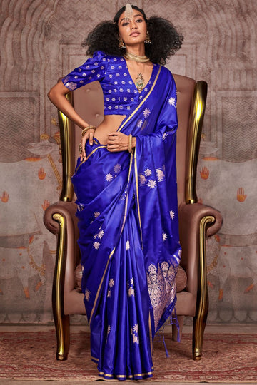 Royal Blue Weaving Work Pure Satin Silk Saree