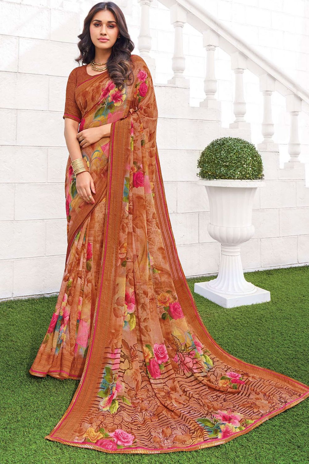 Rust Brown Printed Georgette Casual Saree