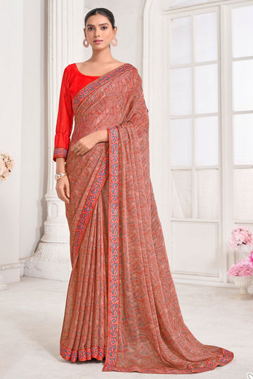 Rust Orange Chiffon Printed Party Wear Saree