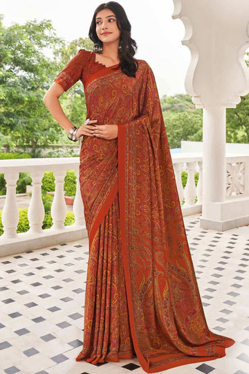 Rust Orange Crepe Casual Wear Saree