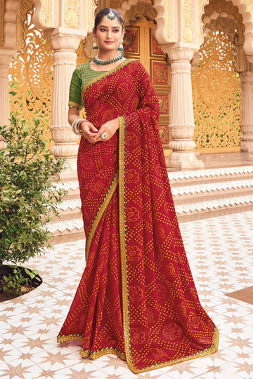 Rust Red Bandhani Print Georgette Chiffon Saree for Party