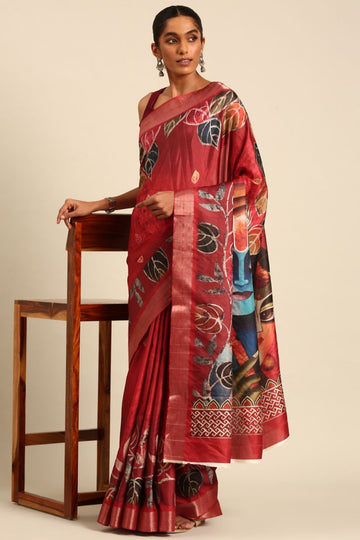 Rust Red Digital Print Work Cotton Saree