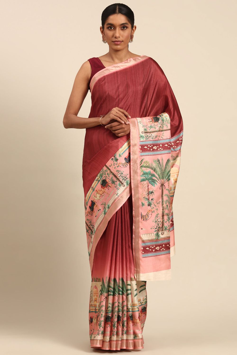 Rust Red Printed Cotton Saree