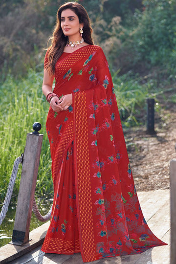 Rust Red Printed Casual Wear Chiffon Saree