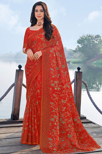 Rust Red Printed Casual Wear Chiffon Saree