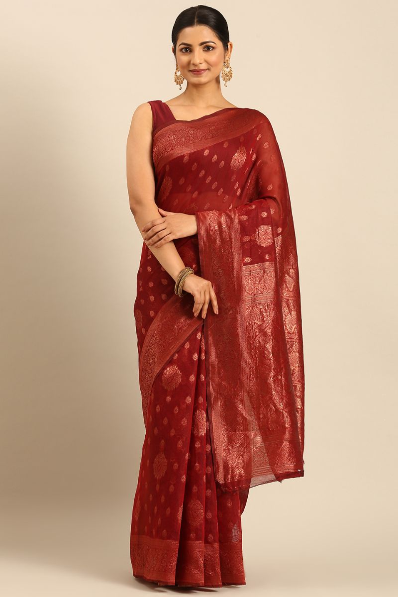 Rust Red Jacquard Work Cotton Saree