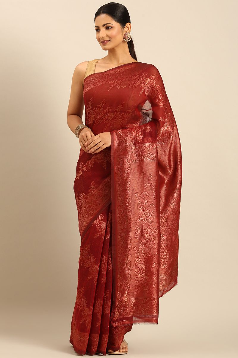 Rust Red Jacquard Work Cotton Saree