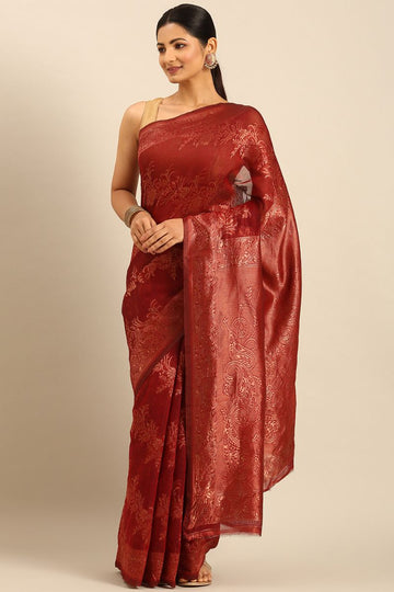 Rust Red Cotton Jacquard Work Saree