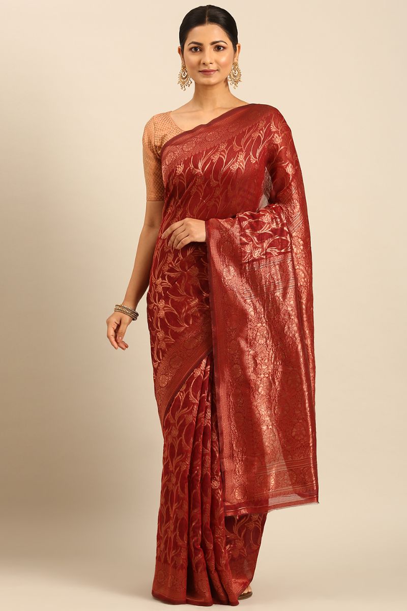 Rust Red Jacquard Work Cotton Saree