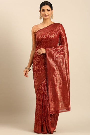 Rust Red Cotton Jacquard Work Saree