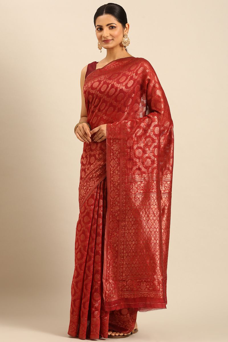 Rust Red Jacquard Work Cotton Saree