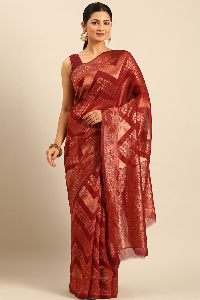 Rust Red Jacquard Work Cotton Saree