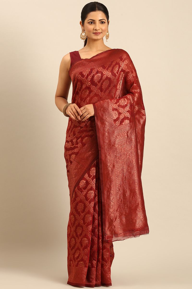 Rust Red Jacquard Work Cotton Saree