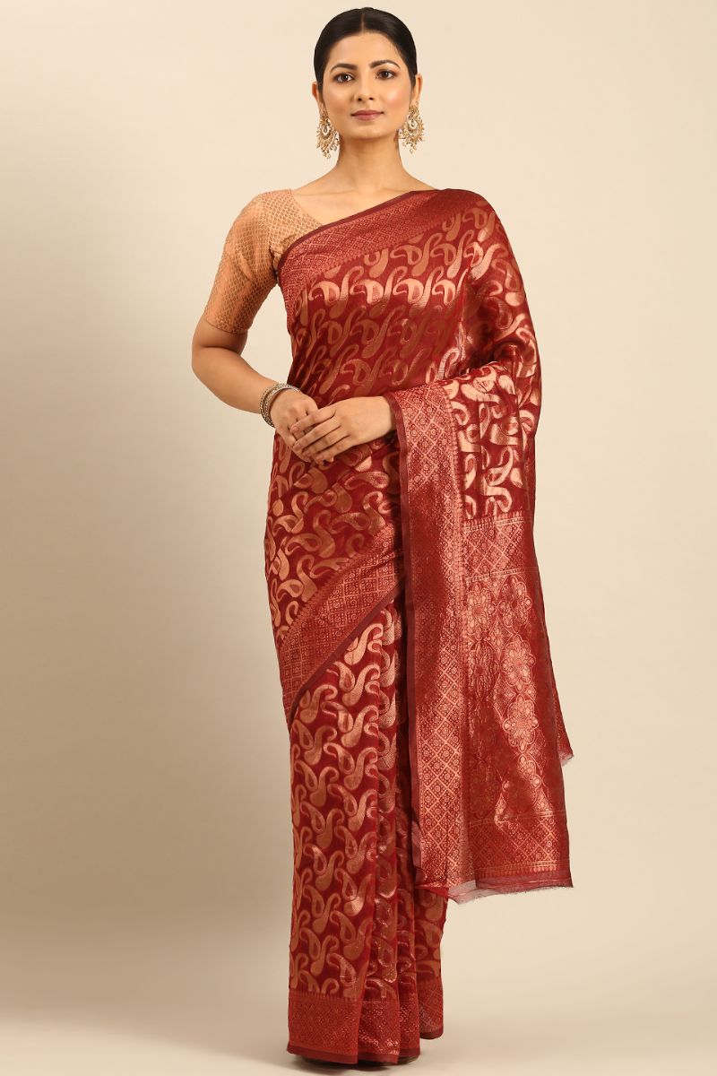 Rust Red Jacquard Work Cotton Saree