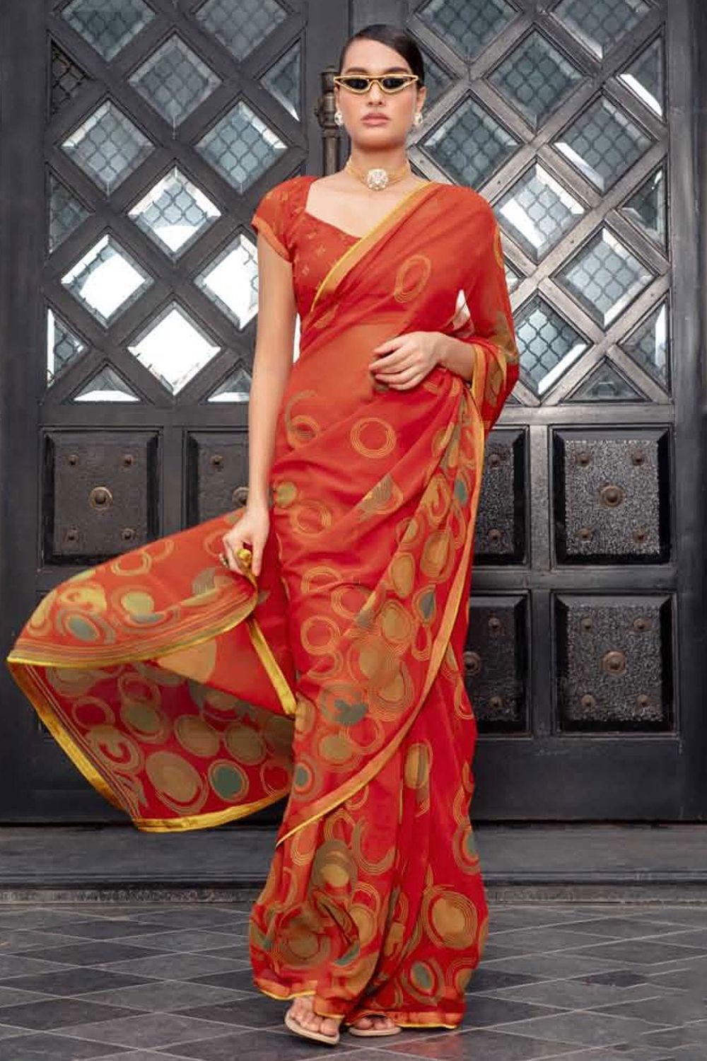 Rust Red Printed Georgette Casual Wear Saree