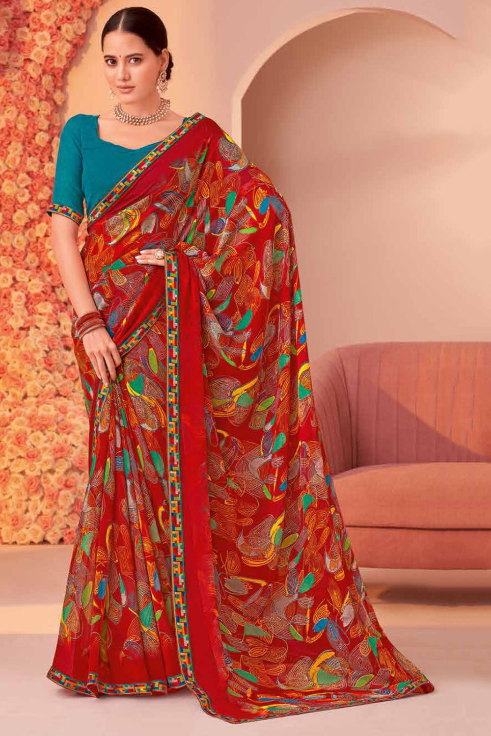 Rust Red Printed Georgette Casual Wear Saree