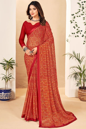 Rust Red Printed Chiffon Casual Wear Saree