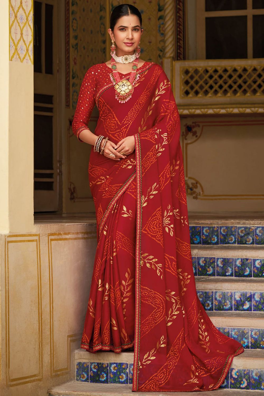 Rust Red Printed Georgette Casual Wear Saree