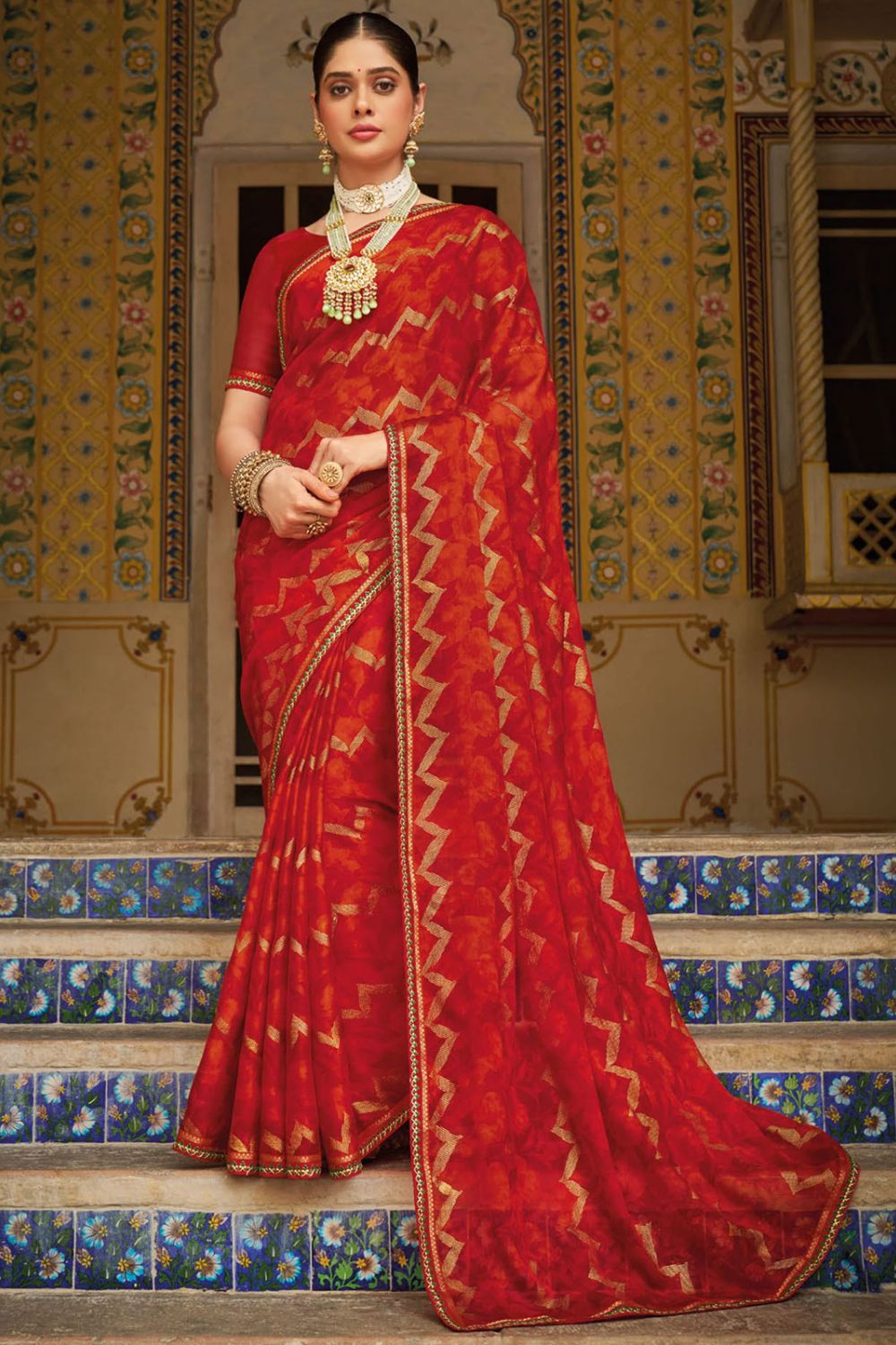 Rust Red Printed Georgette Casual Wear Saree