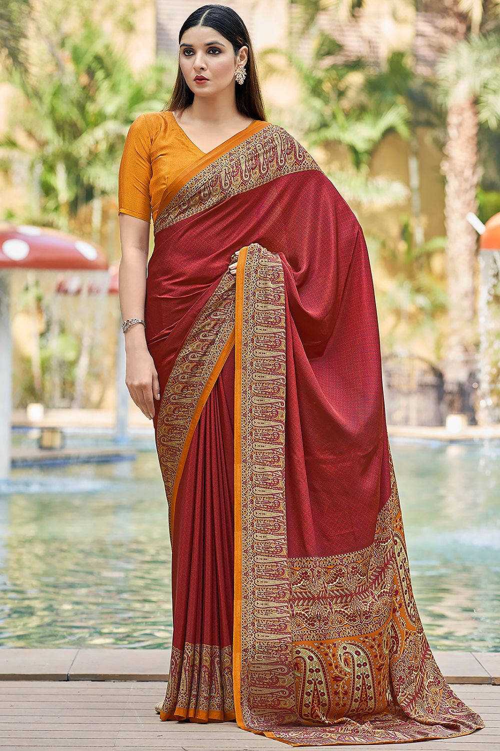 Rust Red Printed Silk Crepe Saree for Party