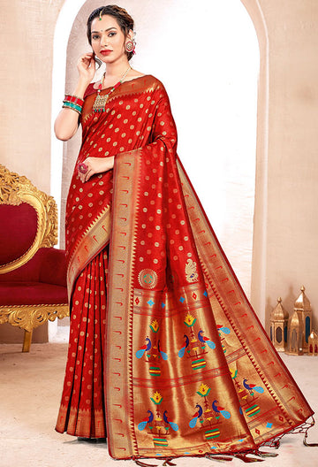 Rust Red Woven Paithani Silk Saree for Festival