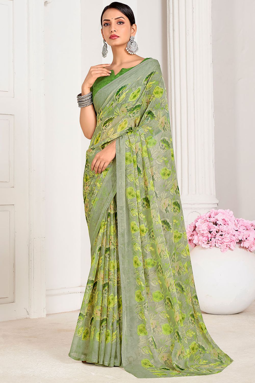 Sage Green Digital Printed Chiffon Casual Wear Saree