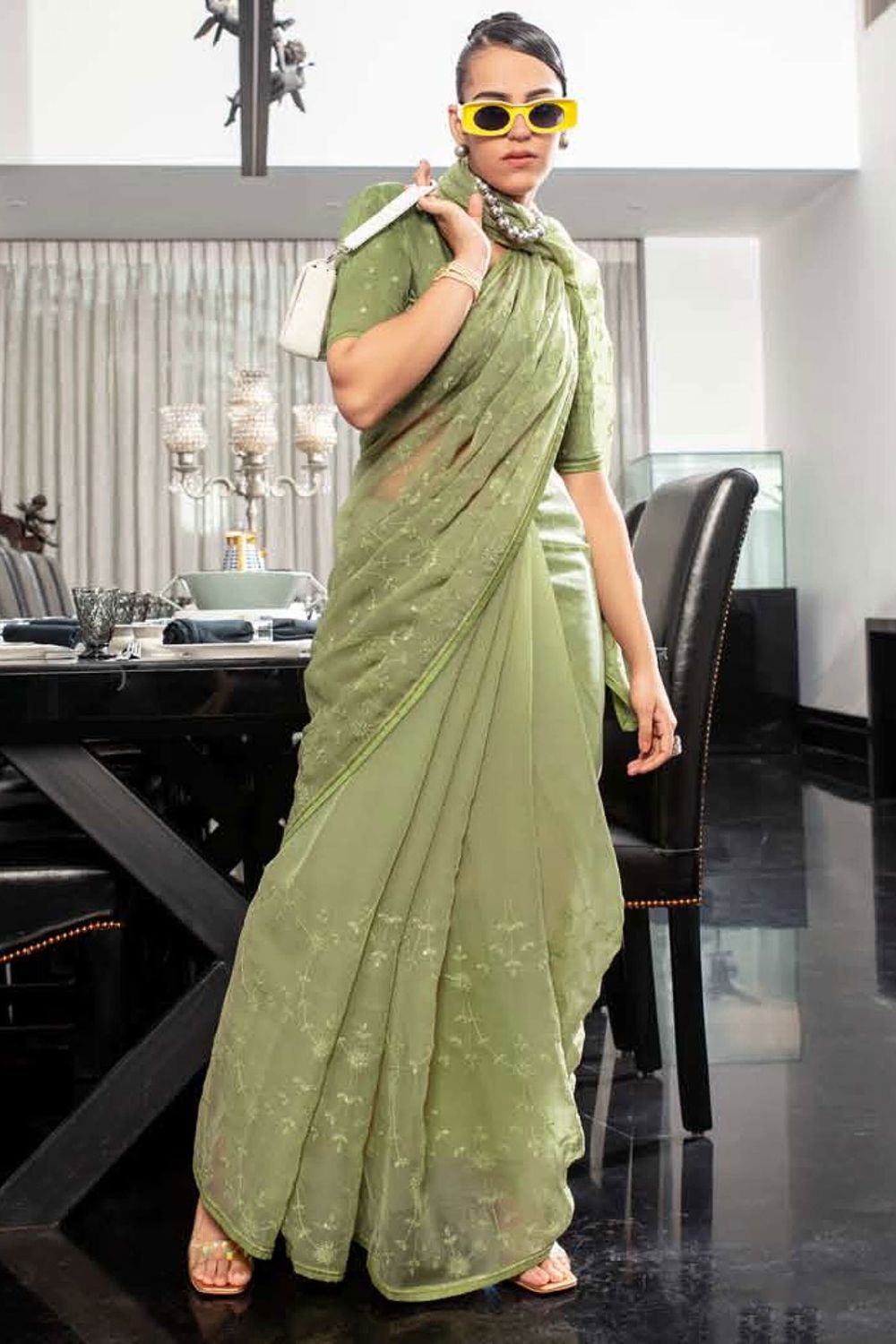 Sage Green Embroidered Chiffon Saree