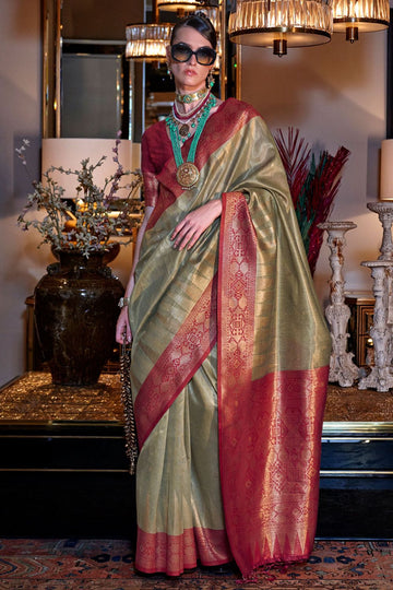 Sage Green Handwoven Zari Tissue Silk Saree