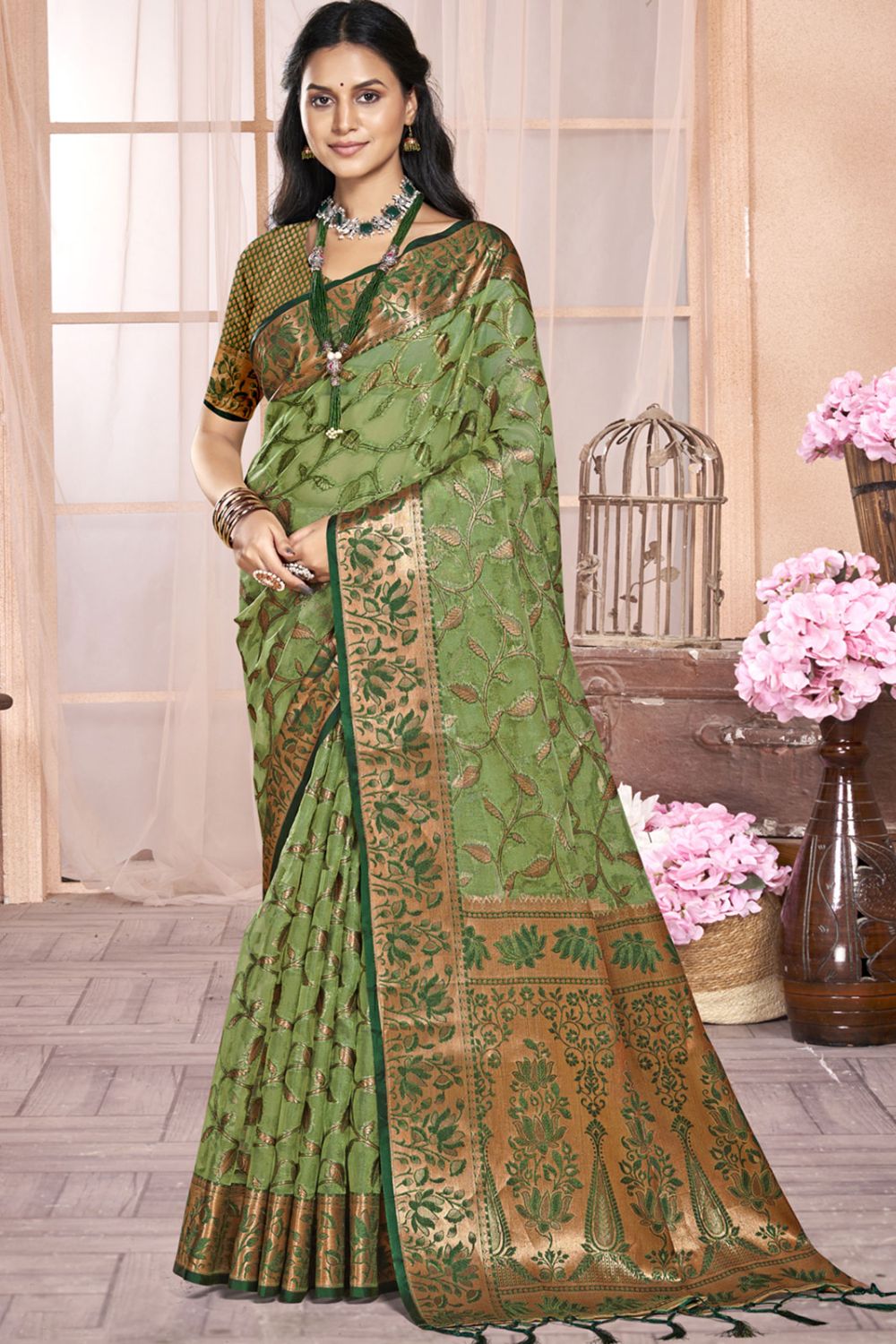 Sage Green Organza Party Wear Saree