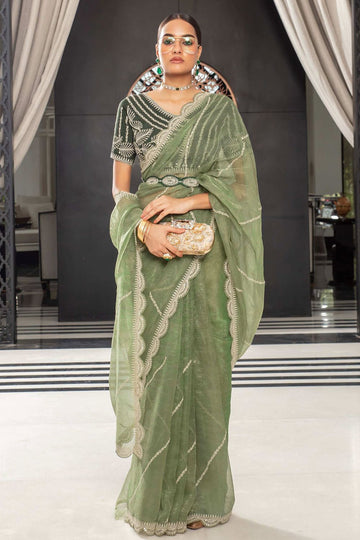 Sage Green Organza Saree with Embroidered Blouse for Party