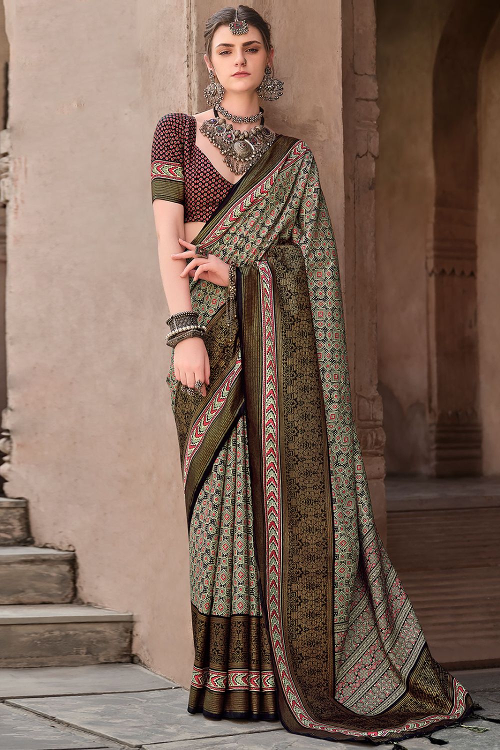 Sage Green Silk Printed Saree for Festival