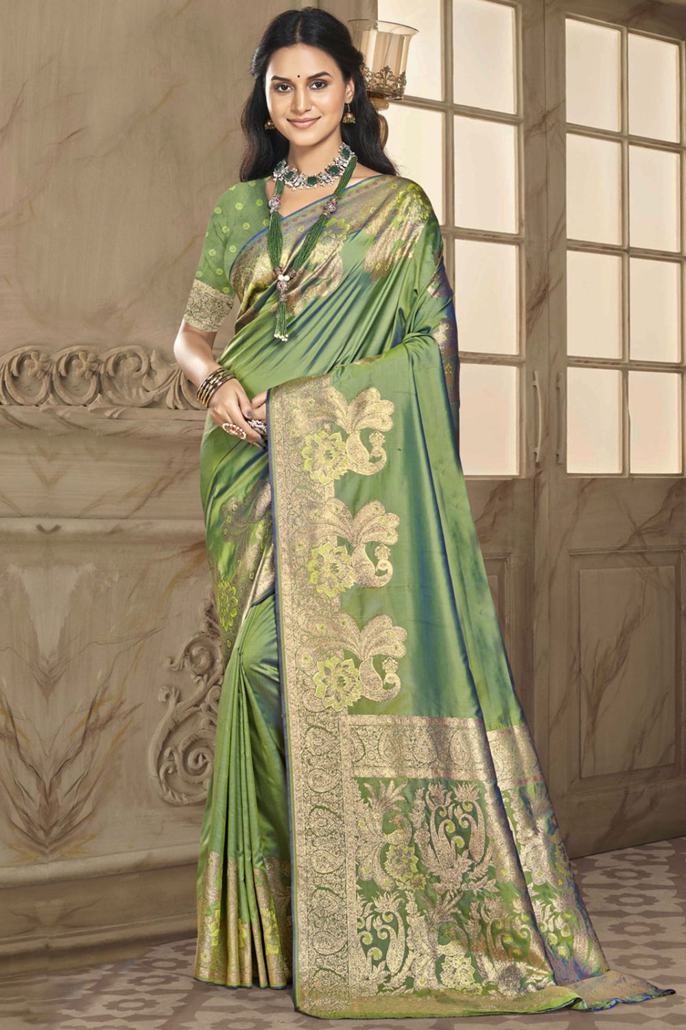 Sage Green Silk Woven Saree