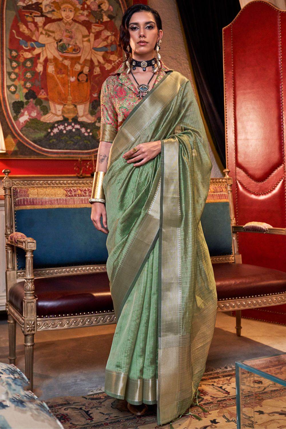 Sage Green Woven Moss Chiffon Party Wear Saree