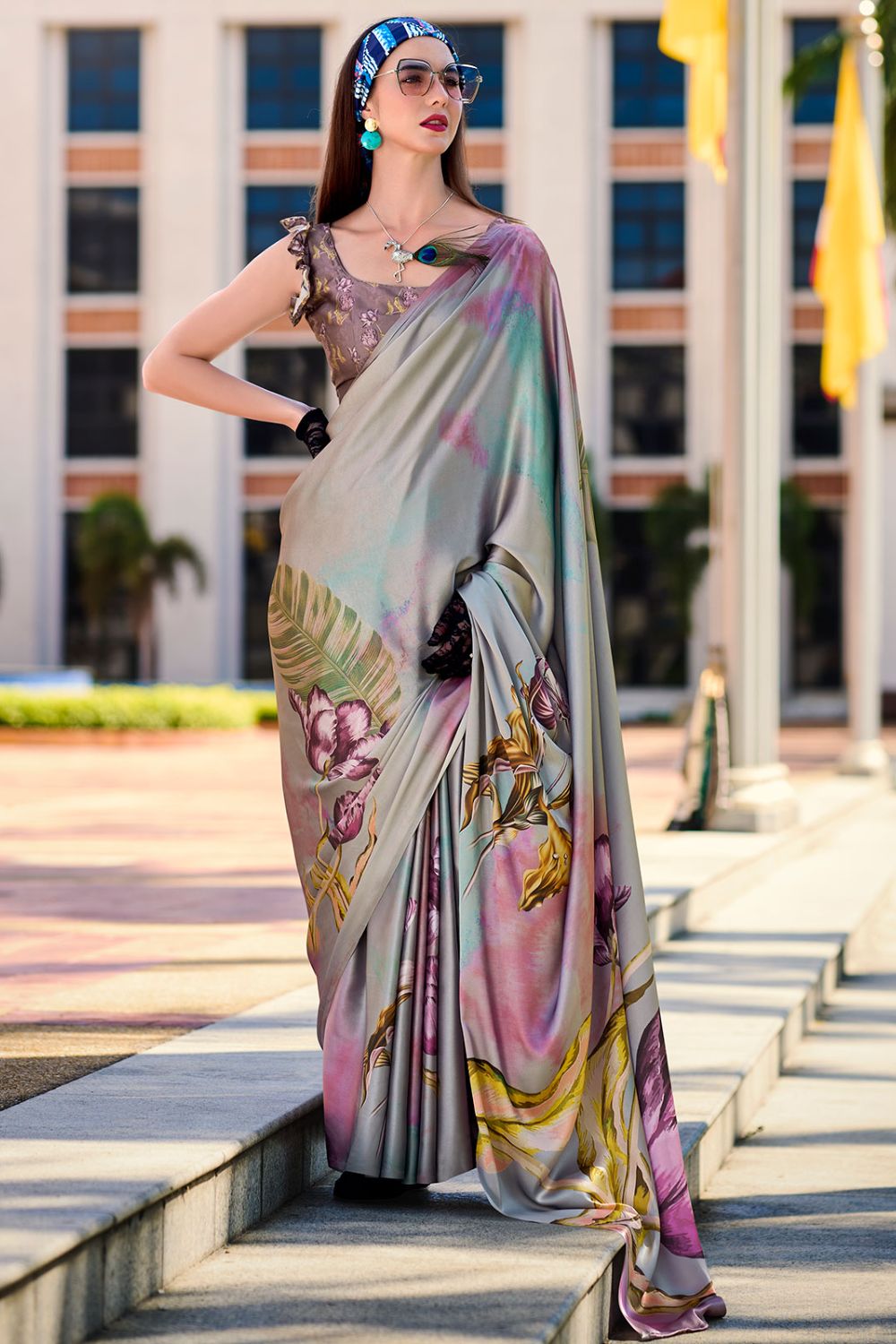 Grey Abstract Print Satin Crepe Saree