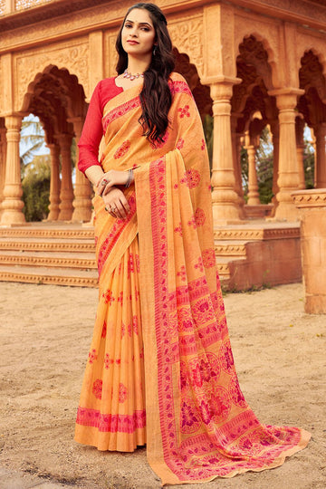 Salmon Orange Digital Printed Chiffon Casual Wear Saree