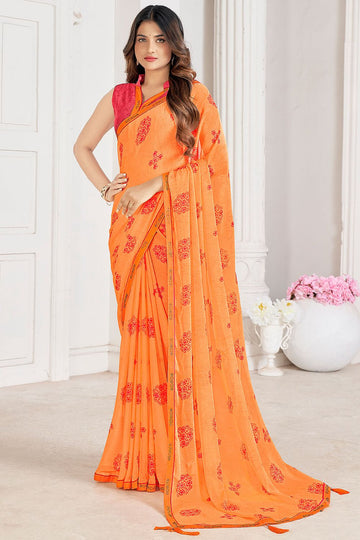 Salmon Orange Digital Printed Chiffon Casual Wear Saree