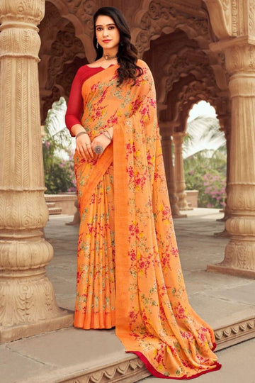 Salmon Orange Floral Printed Chiffon Casual Wear Saree