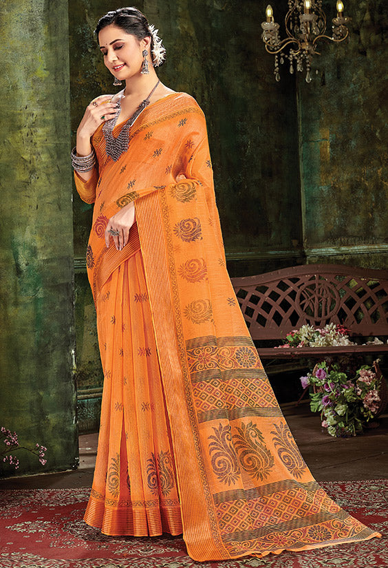 Salmon Orange Printed Cotton Saree for Party