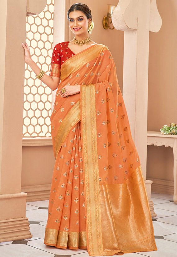 Salmon Orange Silk Party Wear Saree with Contrast Blouse