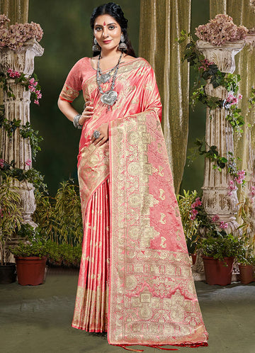 Salmon Pink Banarasi Silk Woven Saree for Festival