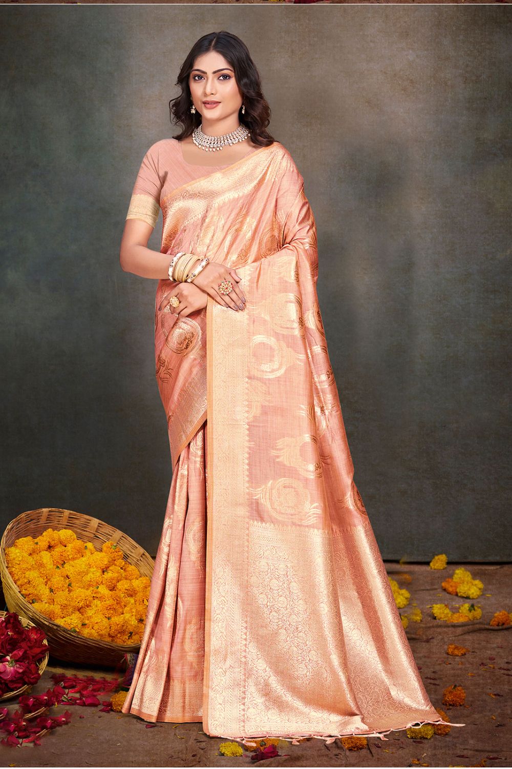 Salmon Pink Cotton Silk Zari Woven Saree