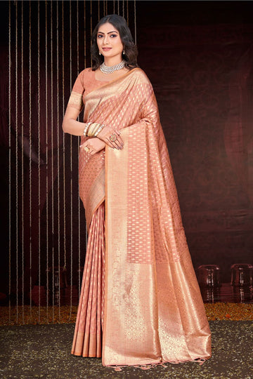 Salmon Pink Zari Weaving Work Cotton Silk Saree