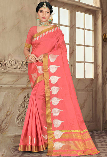 Salmon Pink Embellished Cotton Saree for Festival