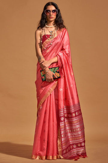 Salmon Pink Handloom Weaving Silk Saree for Party